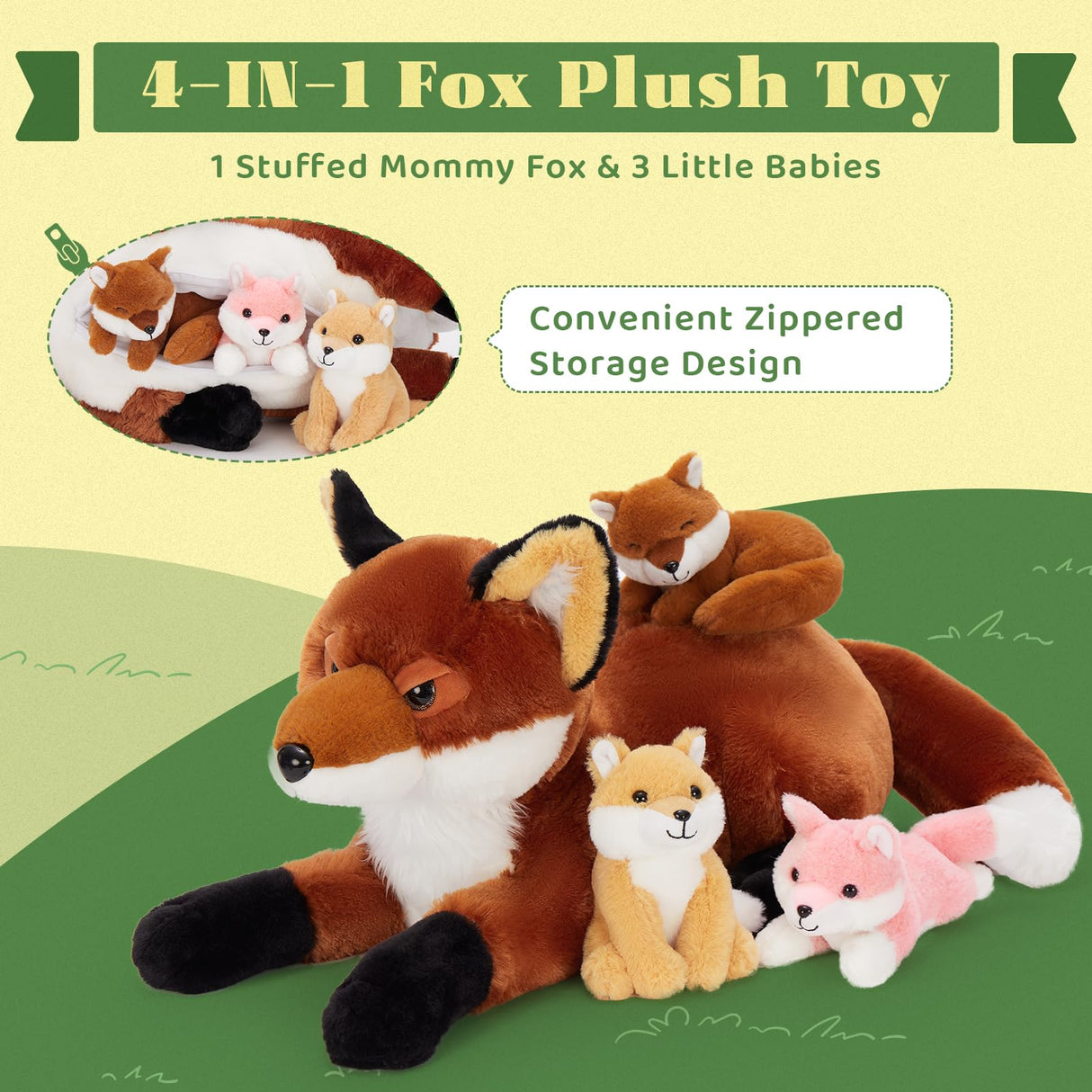 BENINY 4Pcs Fox Stuffed Animal Set, Large Mommy Red Fox Plush 22 Inch with 3 Baby Foxes in Her Zippered Tummy, Christmas Plushie Toy Gift for Girls and Kids