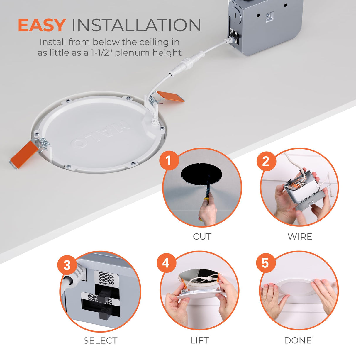 HALO HLB 6 inch LED Recessed Lighting Canless Dimmable Wet Location Selectable Lumens and Selectable Color 27/30/35/40/5000K 4-Pack Indoor Outdoor Soffit Ceiling Lights HLB6LSFS5-4PK
