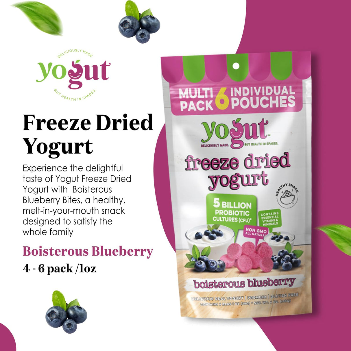 YoGut Freeze Dried Yogurt Snack, Blueberry, 6 Pack, Healthy Snacks for Kids, Toddlers & Adults, Gluten Free, Non GMO, With 5 Billion Live Probiotics, Vitamins & Minerals, Individual Snack Packs