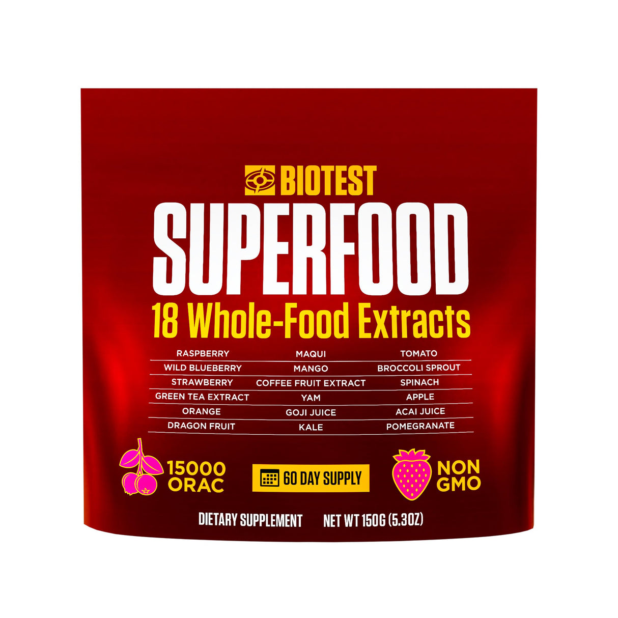 Biotest Superfood Powder Blend of 18 Whole Food Berries, Fruits, and Vegetables - Healthy Polyphenols, Antioxidants, Vitamins, Minerals - 60 Day Supply - 150 g