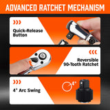 HORUSDY 3/8" Drive 90-Tooth Flex Head Ratchet Handle, 180° Adjustable CR-V Ratchet with Quick Release & Reversible Switch, 4° Swing Arc Socket Wrench for Automotive, Bike & DIY Repair