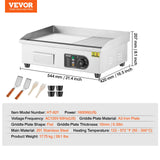 VEVOR Commercial Electric Griddle, 1600W Countertop Half-Flat Top Grill, 22in Stainless Steel Griddle Grill with 2 Shovels and 2 Brushes for Home or Restaurant, 122℉-572℉ Adjustable Temp