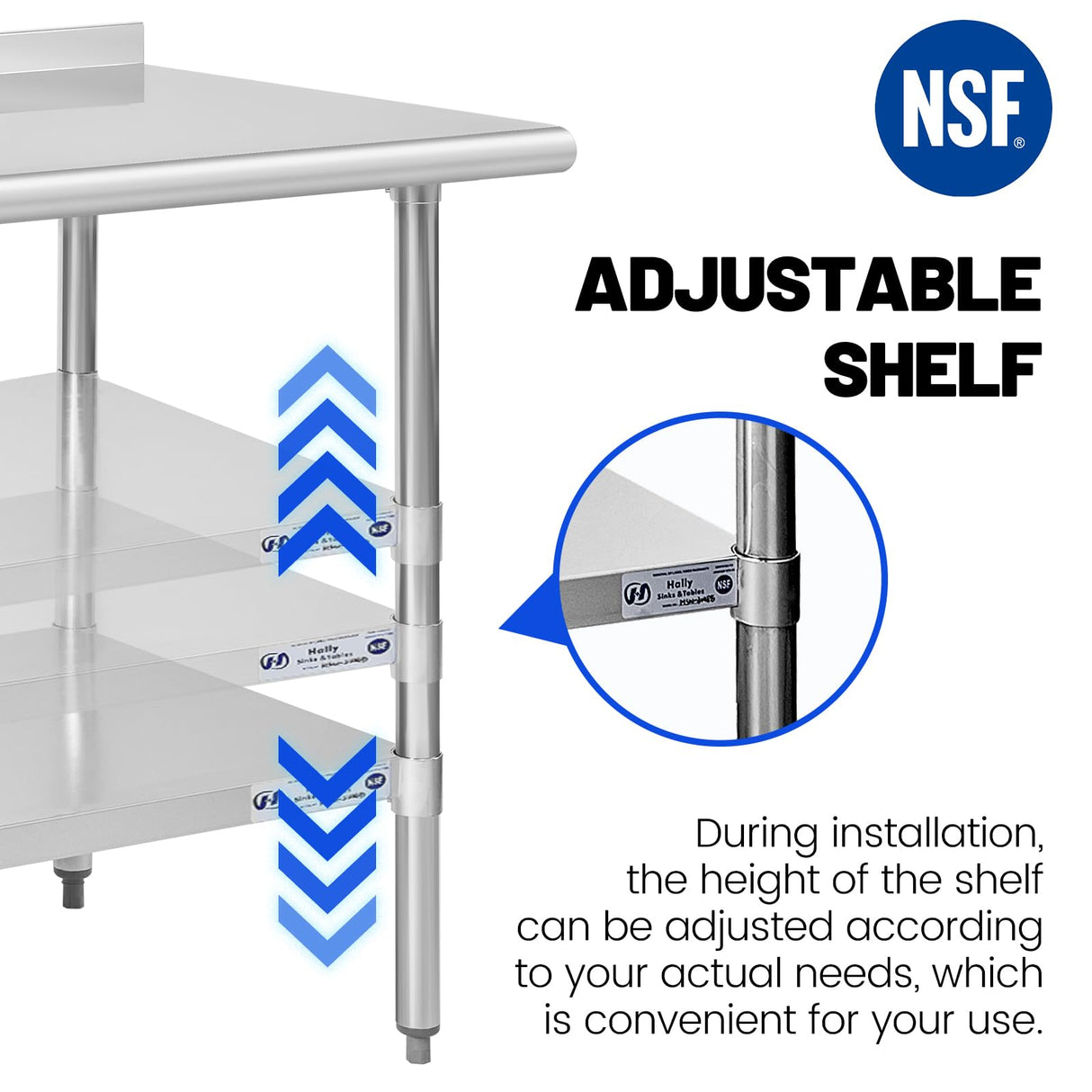 Hally Stainless Steel Table for Prep & Work 14 x 36 Inches, NSF Commercial Heavy Duty Table with Undershelf and Backsplash for Restaurant, Home and Hotel