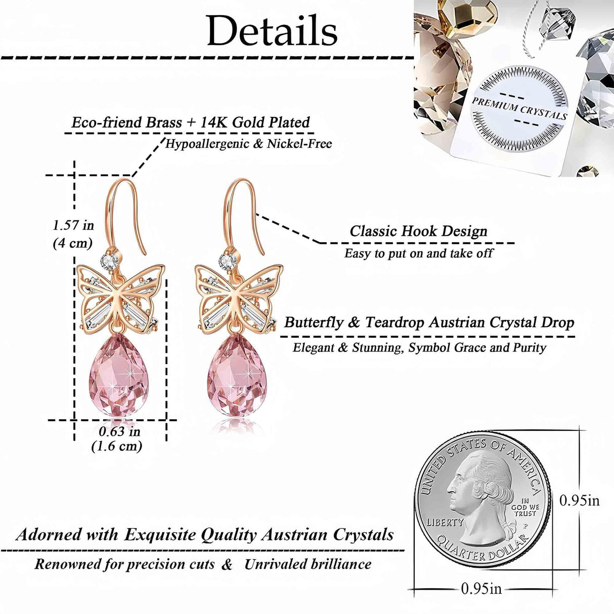 EVEVIC Austrian Crystal Butterfly Teardrop Drop Earrings for Women