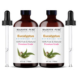 Majestic Pure Eucalyptus Essential Oil | 100% Pure and Natural Eucalyptus Oil | Premium Grade Essential Oils for Hair Care, Home Diffusers, Aromatherapy, Massage and Humidifiers | 4 Fl Oz (Pack of 2)