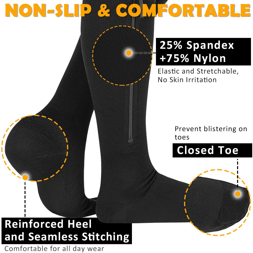 CASMON 15-20mmHg Zipper Compression Socks for Women and Men, Knee High Compression Stockings, Medical Closed Toe Support Socks for Varicose Veins, Post-Surgery, Swelling, Nurses, Pregnancy (1 Pair)