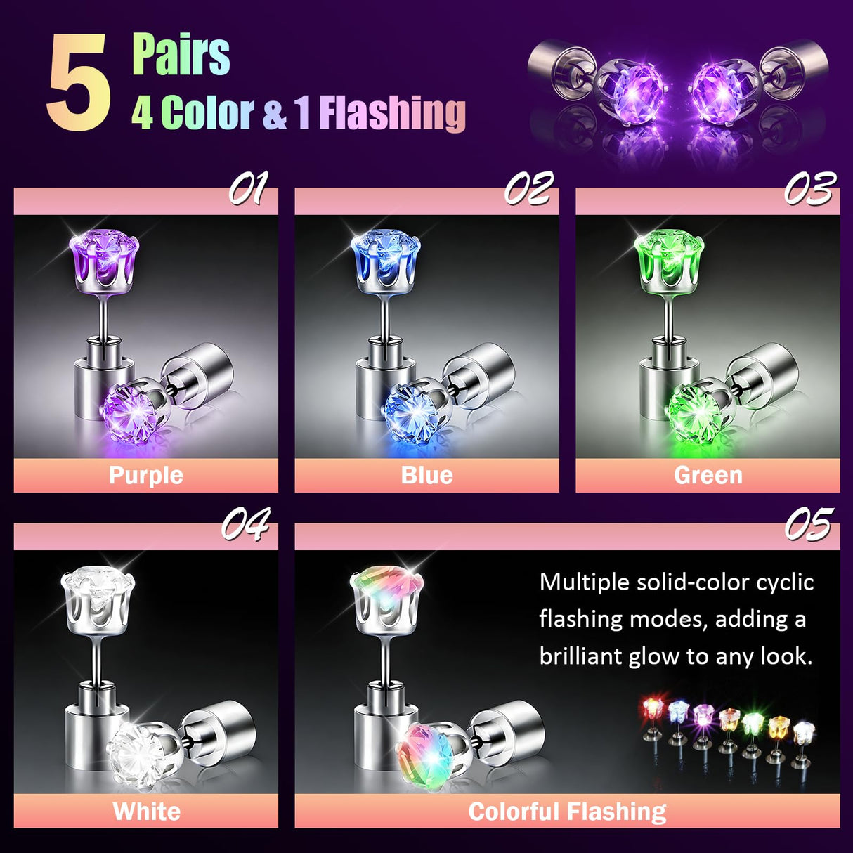 LED Light Up Earrings, LED Studs Earrings Party Flashing Blinking Stainless Steel Earring - 5 Pairs Glow Stud Earrings Halloween Christmas Gifts for Women Men Girlfriend Boyfriend, Mixed Color