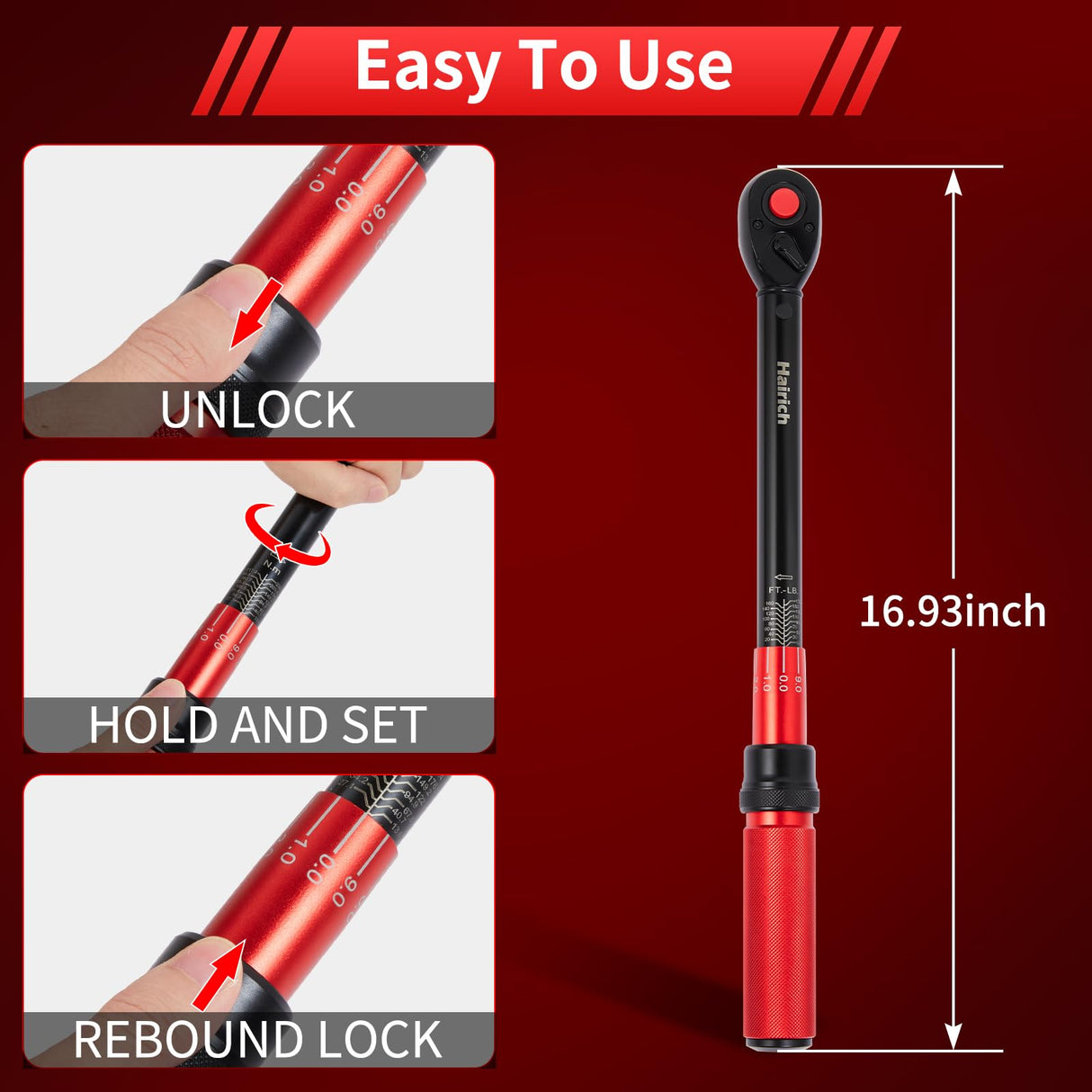 Hairich 1/2 Inch Drive Click Torque Wrench, Dual-direction Torque Wrench 10-170.0ft.lb/13.60-230.5Nm, 72-tooth Torque Wrenches with Dual Range Scales, ±3% High Precision For Bike