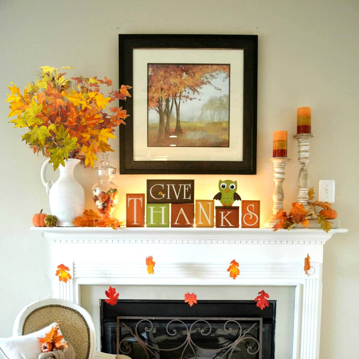 Grunyia 6Pcs Artificial Maple Leaves Branches Fake Fall Maple Shrubs for Thanksgiving Christmas Festival Garland Decoration