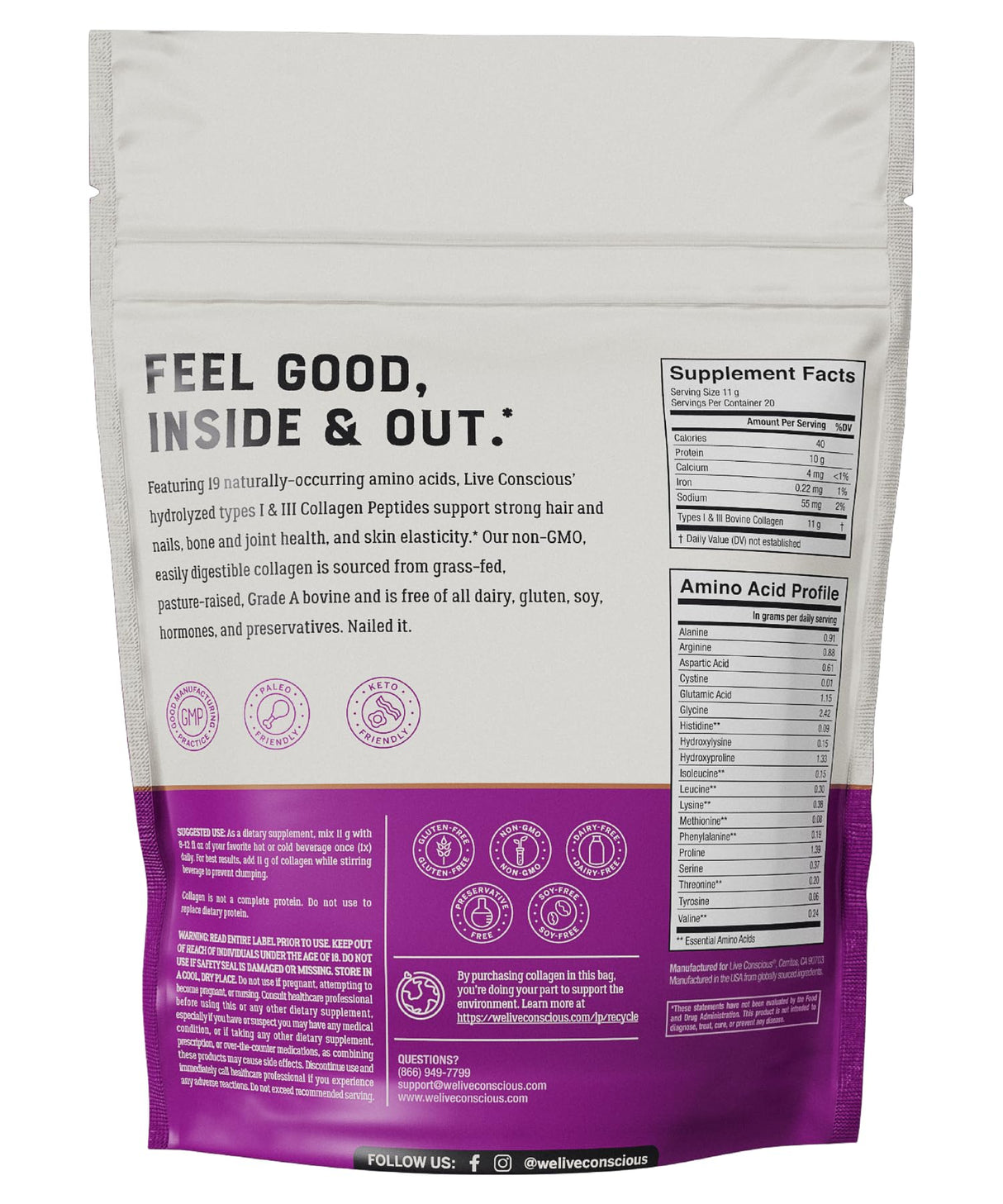 Live Conscious Collagen Powder Hydrolyzed Collagen Peptides Type I & III - Keto & Paleo Friendly - Unflavored - 20 Servings, 7.8 oz