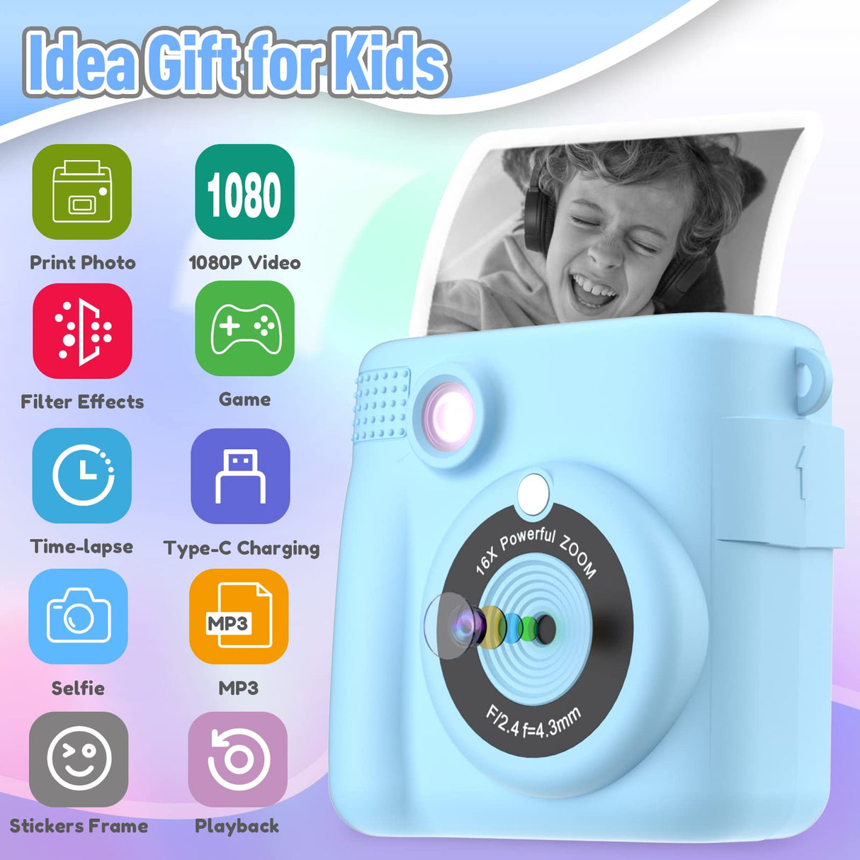 ESOXOFFORE Kids Camera Instant Print, Christmas Birthday Gifts for Kids Age 3-12, Selfie Digital Camera with 1080P Videos,Toddler Portable Travel Cameras Toy for 4 5 6 7 8 9 Year Old Boys Girls-Blue