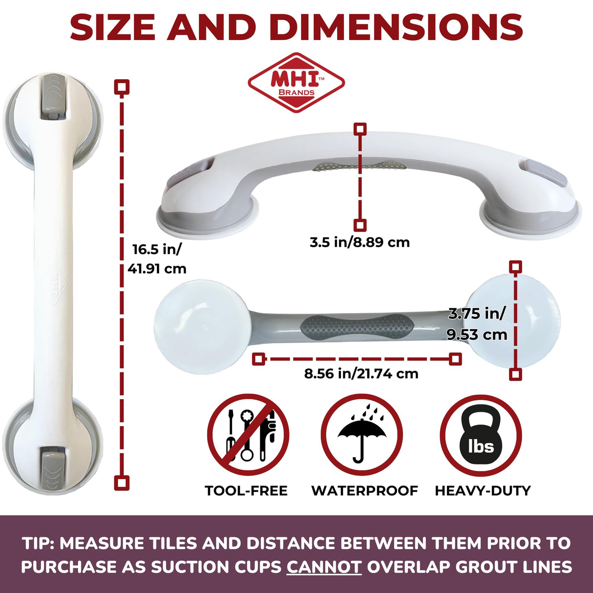 Safe-er-Grip Changing Lifestyles Suction Cup Grab Bars For Bathtubs & Showers; Safety Bathroom Assist Handle, White & Grey, 16 Inches