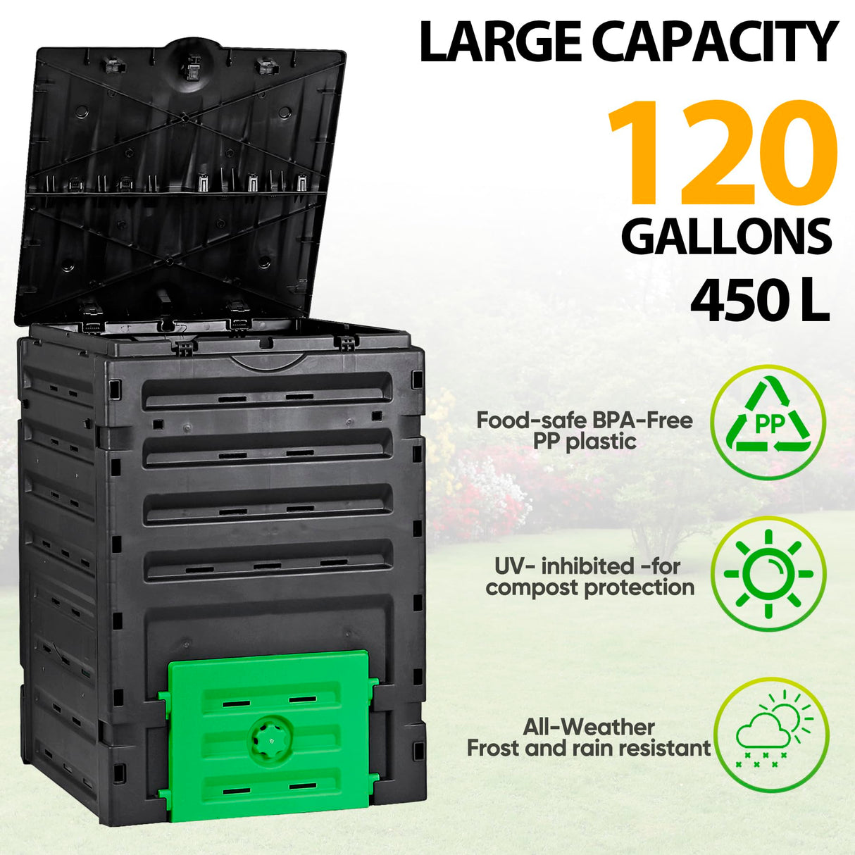 JupiterForce 120 Gallon Large Compost Bin, BPA Free Outdoor Composting Tumblers for Garden Patio, Easy Assembling, Fast Creation of Fertile Soil, Lightweight