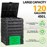 SUPER DEAL 120 Gallon Compost Bin, 450L Outdoor Garden Waste Composter with Flip-top Lid and Bottom Door, Large Capacity BPA Free Material for Fast Creation of Fertile Soil, Easy to Assemble, Black