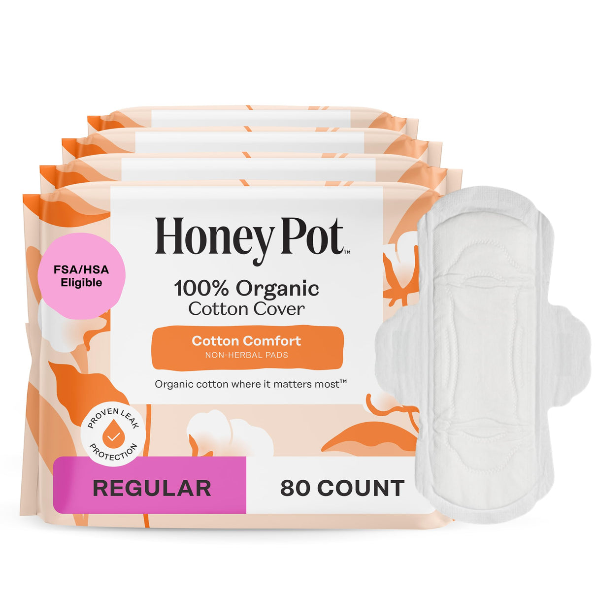 The Honey Pot Company - 80 ct - Sanitary Pads for Women - Non-Herbal Regular Flow w/Wings - Organic Cotton Cover & Ultra-Absorbent Pulp Core - Feminine Care - FSA & HSA Eligible