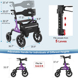 MAXWALK Walkers for Seniors, Rollator Walker with Seat, 12" Big Rubber Wheels All Terrain Rollator Walker with Backrest, Built-in Cable, Cup Holder, Foldable and Height Adjustment for Seniors, Purple
