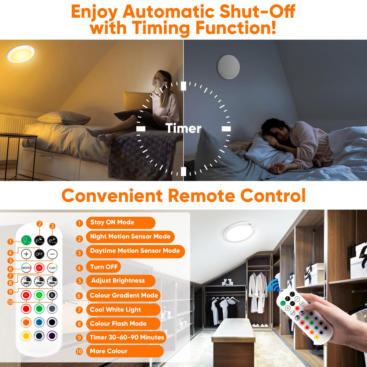 2 Pack Rechargeable Motion Sensor Ceiling Light with 12 RGB Colors and ...