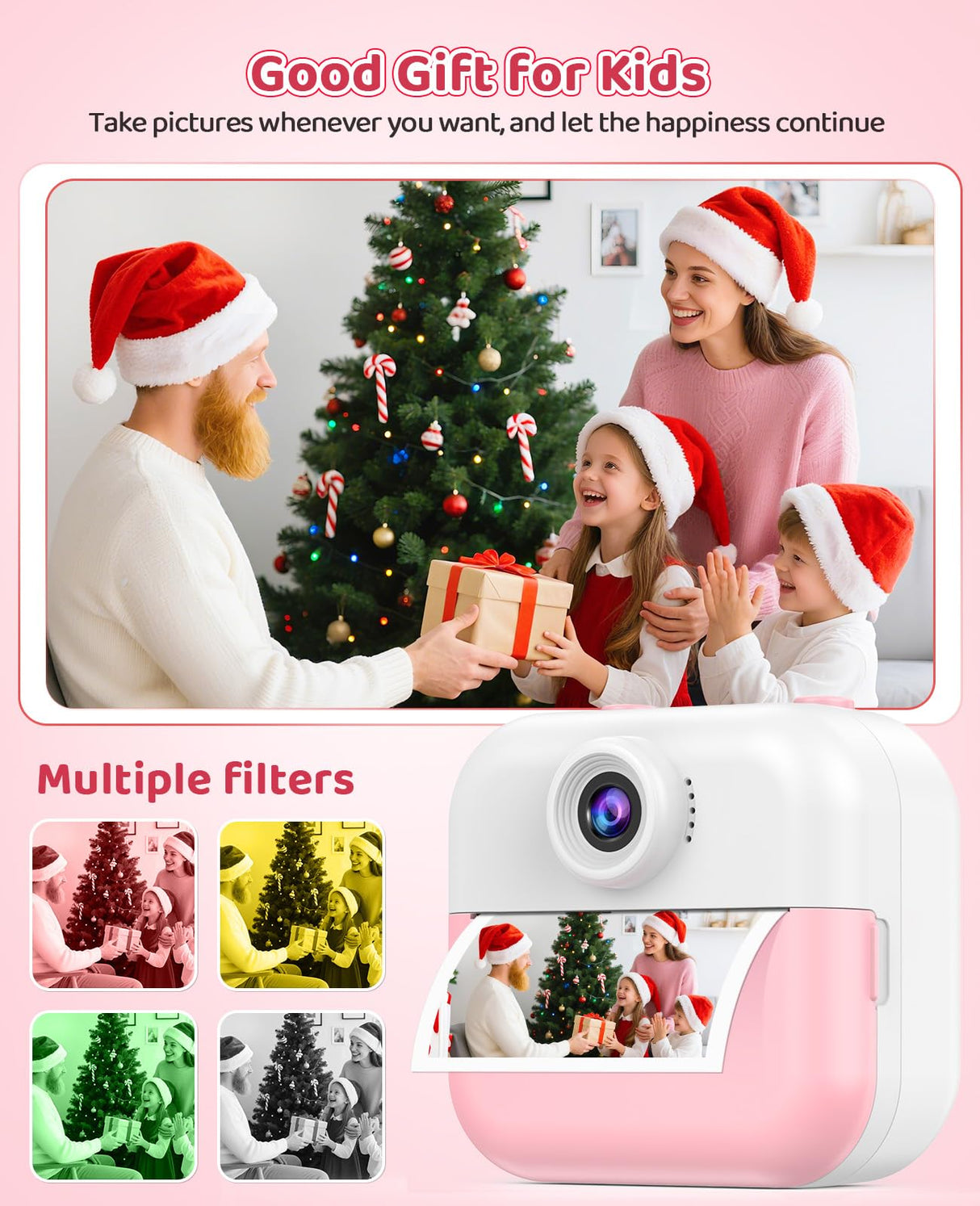 Instant Print Camera for Kids, DITUPAN Kids Camera with Front & Rear Camera for Selfie, Prints 1080P Videos, Christmas Birthday Portable Toys Gifts for Boys Girls Ages 3-12 (Pink)