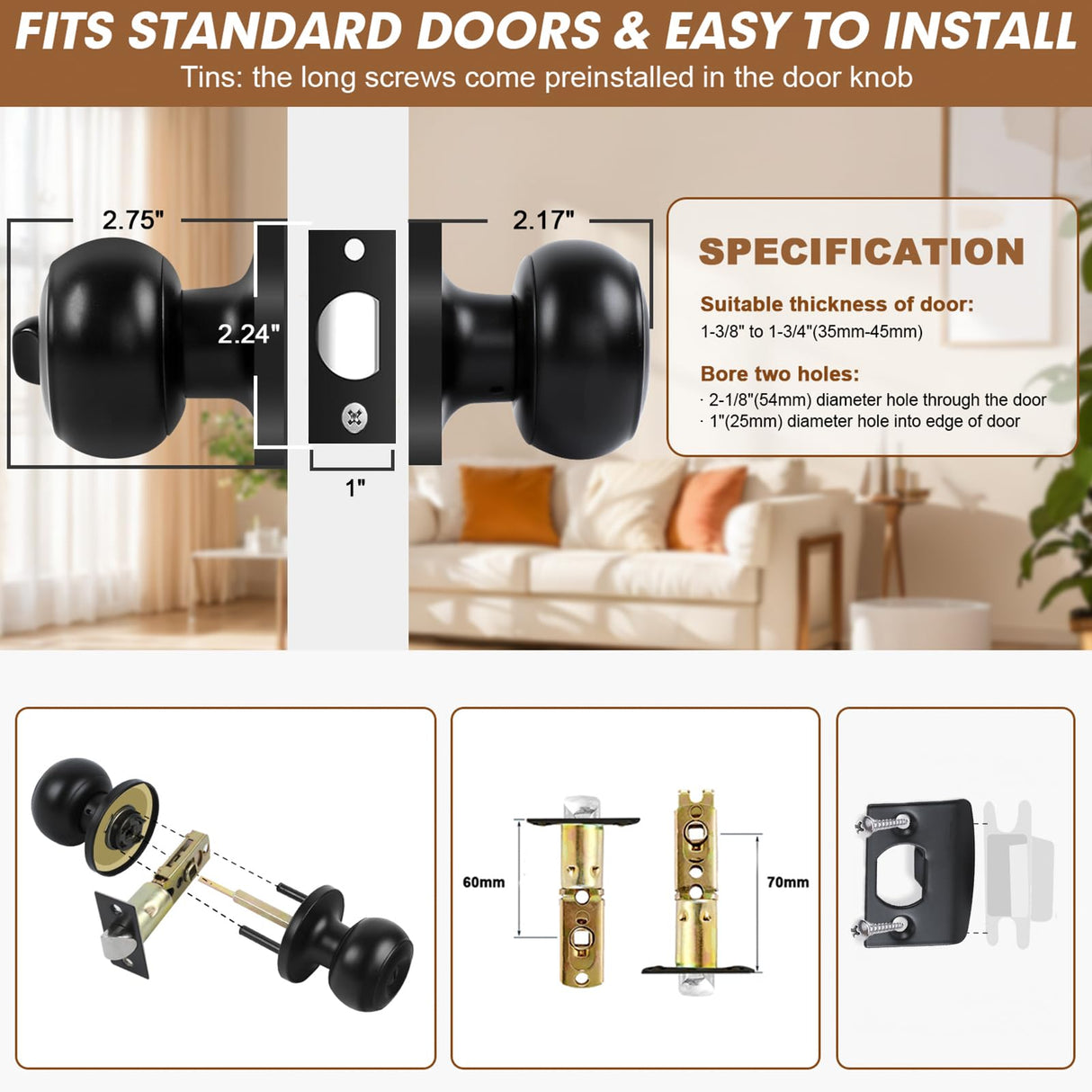 RAZCC Privacy Door Knobs, 10 Pack Matte Black Door Knobs with Lock, Bed and Bath Door Knob Interior Keyless Locksets, Round Door Handles Reversible for Left Right Handed Doors