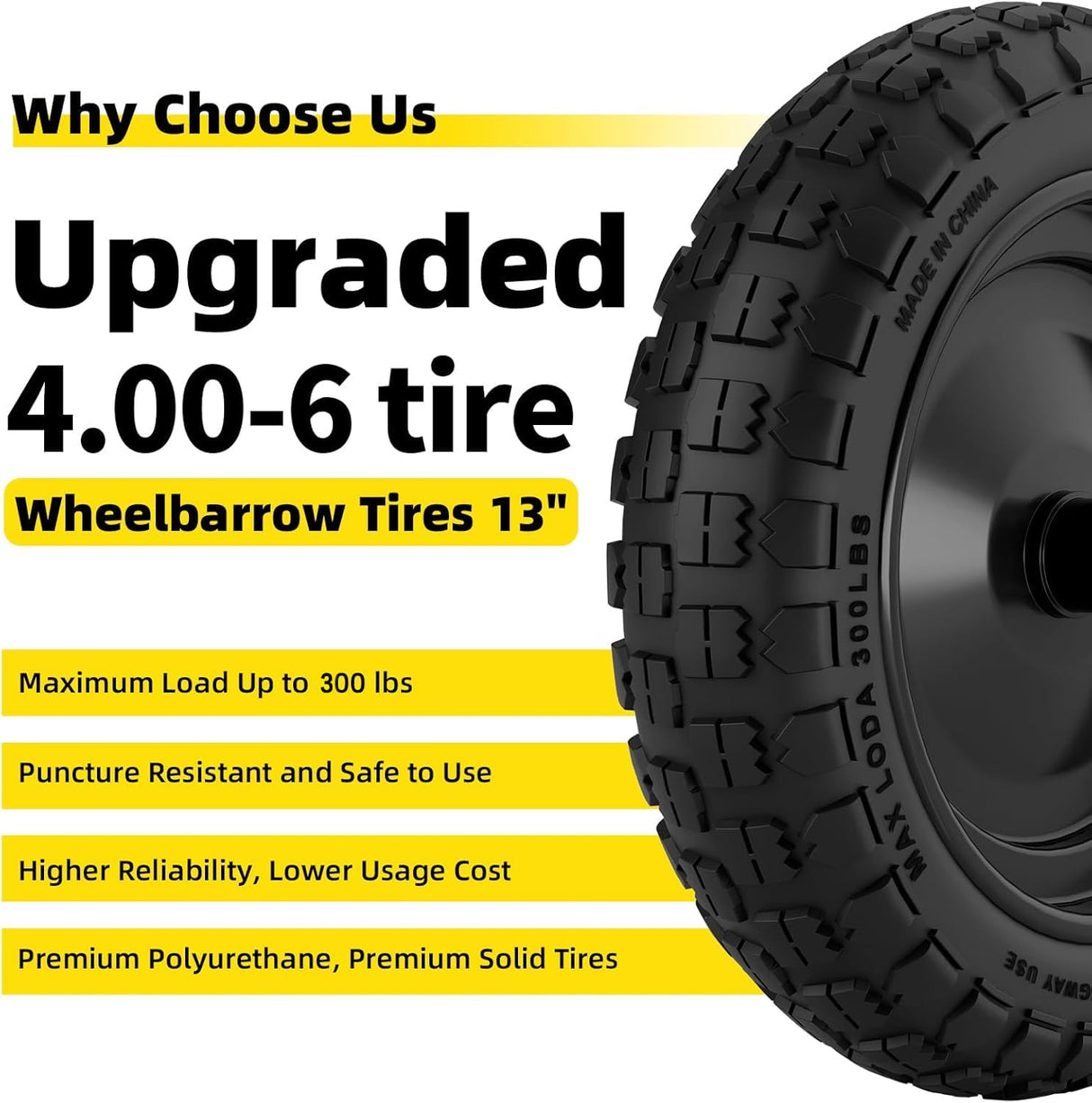 RONPOW 4.00-6 Flat Free Tire and Wheel for Wheelbarrow and Garden Cart