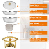 4 Pack Gold Round Chafing Dishes for Buffet, 5 QT Food Warmers and Cold Food Server for Parties, Events Hosting, Family Gatherings, Full Set Catering Supplies with Serving Utensils Accessories