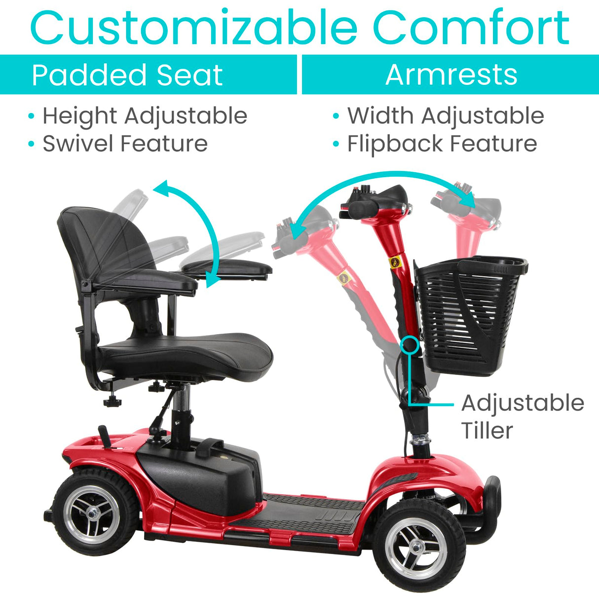 Vive 4 Wheel Mobility Scooter - Electric Powered Wheelchair Device - Compact Heavy Duty Mobile for Travel, Adults, Elderly - Long Range Power Extended Battery with Charger & Basket (FSA/HSA Eligible)