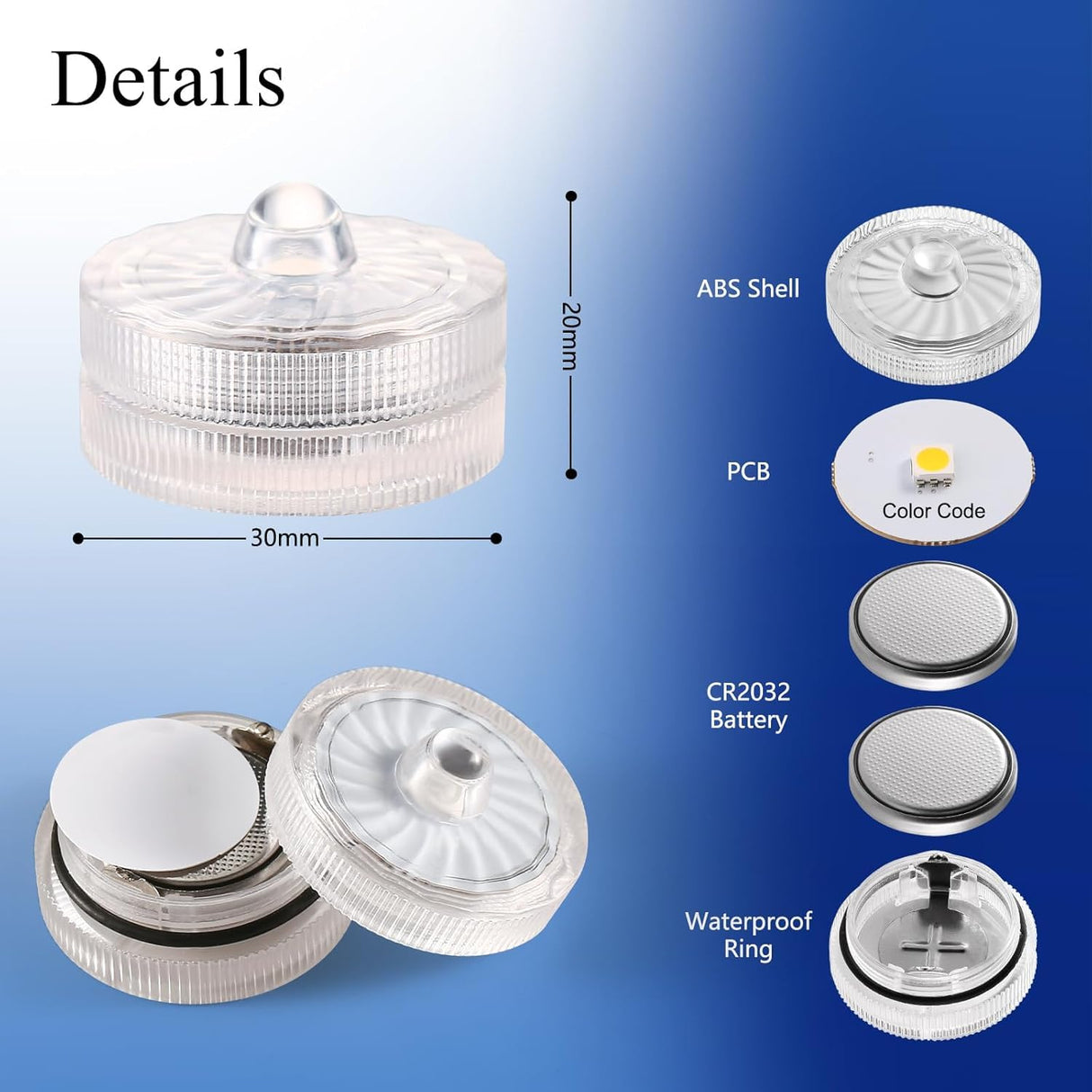 idyl light Blue Submersible Led Lights, Waterproof Tea Lights 100H Underwater Mini Pool Lights Battery Operated Flameless for Vases Fountain Halloween Christmas Home Decorations (24 Pack)