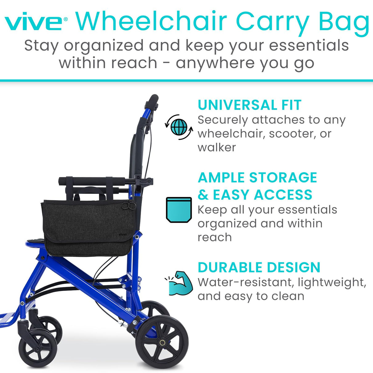 Vive Wheelchair Carry Bag - Arm Rest Pouch for Rollator, Walkers, Power Wheel Chairs and Knee Scooters - Side Storage Organizer for Elderly, Seniors, Adults (Black)