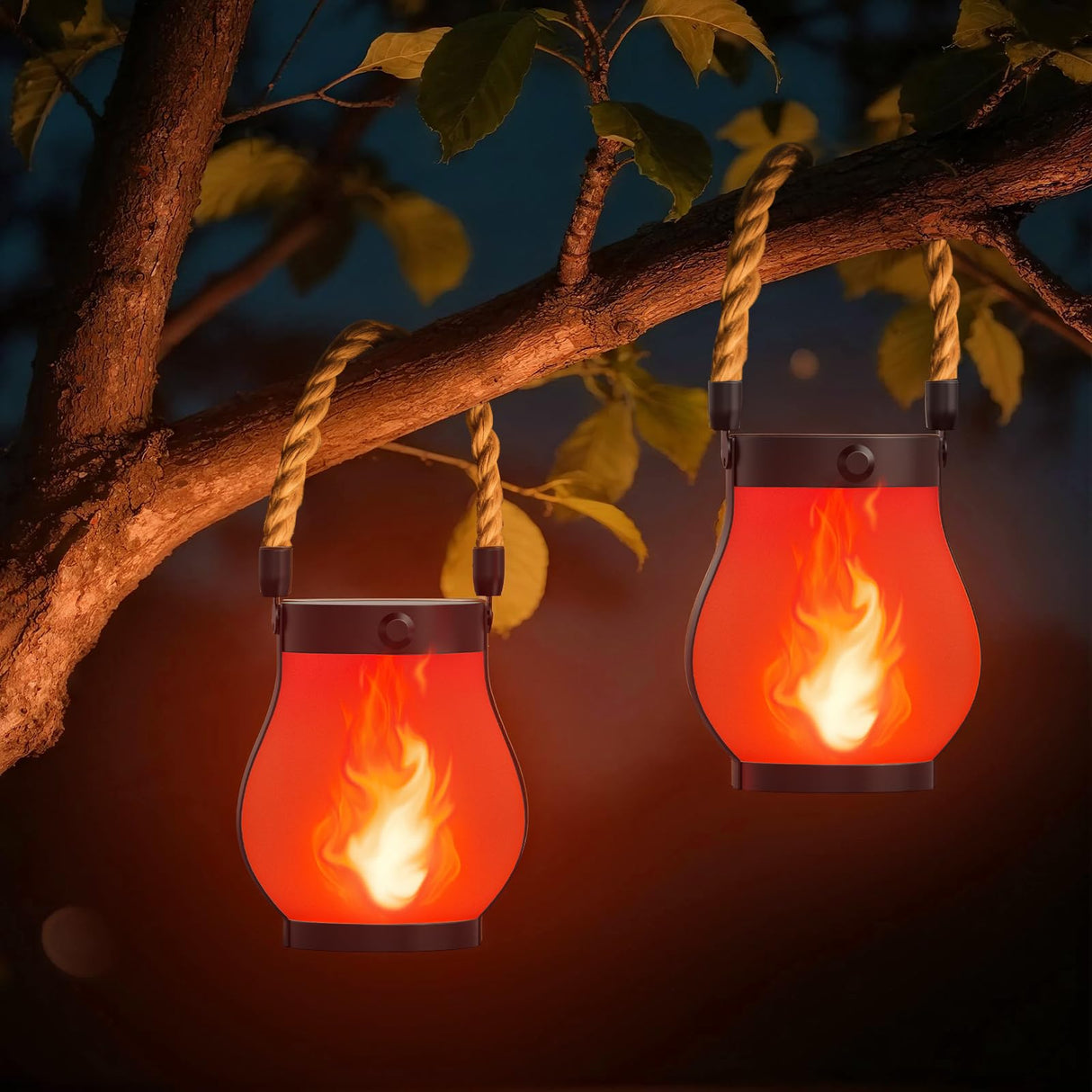 Hompavo Gen2 Solar Lanterns Outdoor with Ultra-Real Flame, Dual Charging (USB/Solar) & 2 Modes - Waterproof Decorative Hanging/Table Lights for Patio Garden Halloween Christmas Decorations, 2/Red