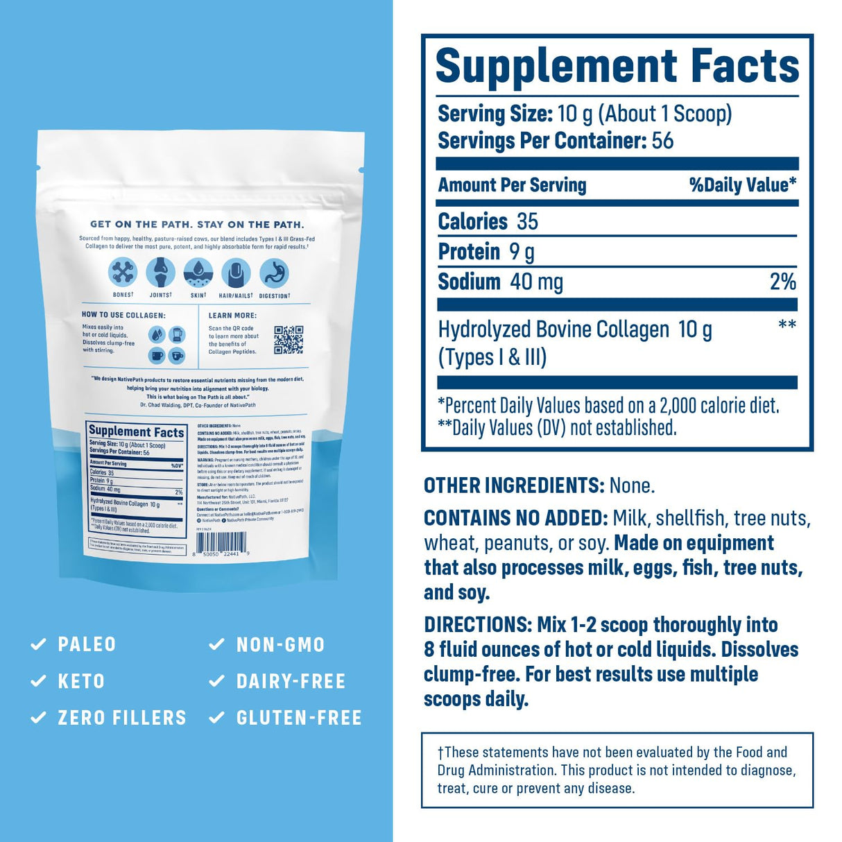 NativePath Collagen Peptides Protein - Hydrolyzed Type 1 & 3 Collagen Powder for Skin, Hair, Nails - 19.8 oz (56 Servings)