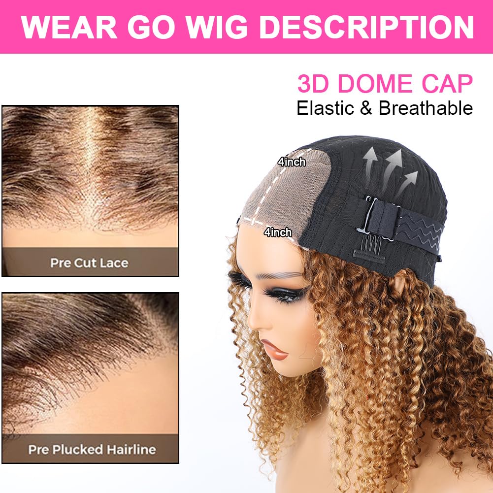 12 Inch Highlight Blonde Wear and Go Glueless Curly Bob Wig Human Hair Pre Plucked,Water Wave No Glue Bob Wigs,Pre cut HD Lace Front Wigs Human Hair Natural Hairline for Women 200% Density