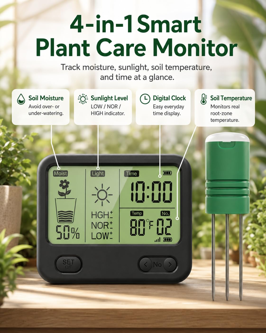 VODESON Soil Moisture Meter for Plants, 12-Zone Wireless Plant Water Meter, Soil Thermometer and Light Sensor, 4-in-1 TDR Tester, 230ft Range, IPX5 Waterproof for Indoor Outdoor Garde(Display+2Sensor)