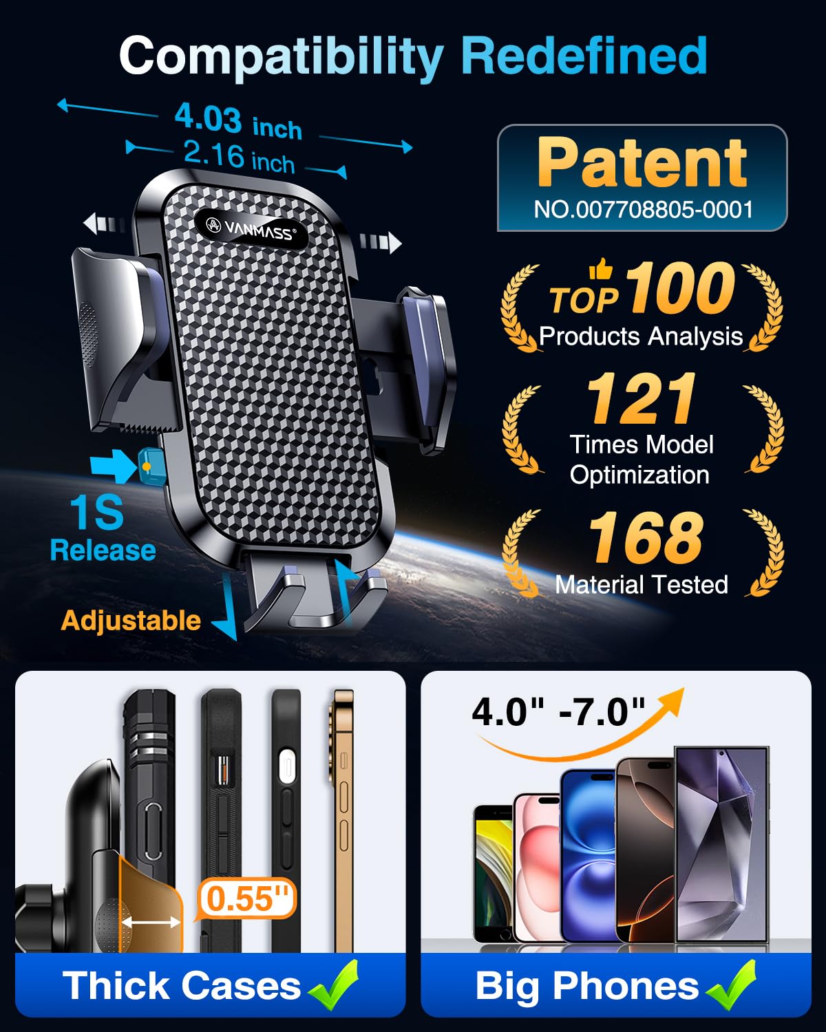 VANMASS Car Phone Holder 2026 Ultimate True Military-Grade【Upgraded Strongest Suction & Clip】 Cell Phone Car Mount Truck Windshield Dashboard Vent for iPhone 18 Pro Max 17 16 15 14 13 Android