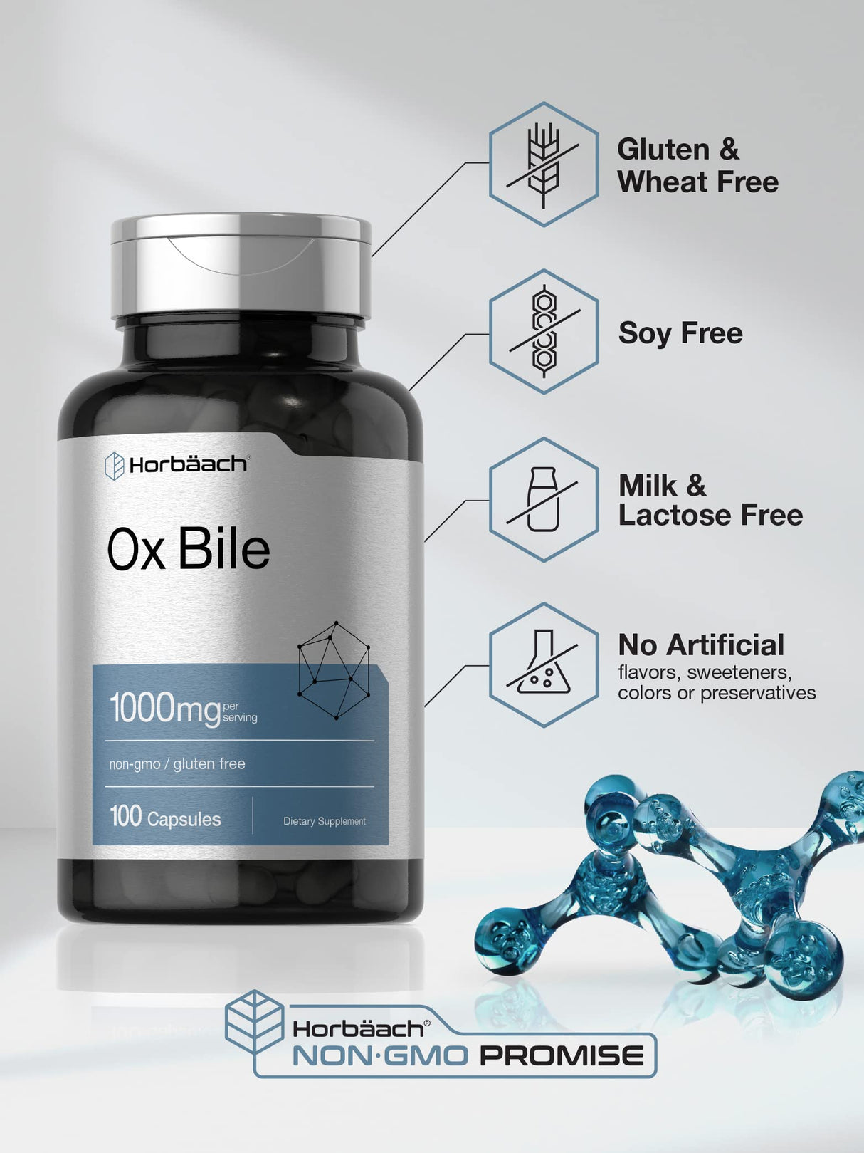 Horbäach Ox Bile Supplement | 1000mg | 100 Capsules | Digestive Enzymes Supplement | Non-GMO & Gluten Free
