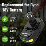 2 Pack 3.6Ah P102 P108 Lithium Replacement for Ryobi 18V Battery and P117 Charger Combo Compatible with Ryobi 18 Volt Battery P102 P103 P104 P105 P107 P108 P109 P189 Cordless Power Tools (Multi)