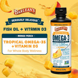 Barlean's Omega 3 Fish Oil Liquid Supplement with Vitamin D for Men and Women, 1080mg of EPA and DHA Fatty Acid, Promotes Brain & Heart Health - Non-GMO, Mango Peach, 16 oz