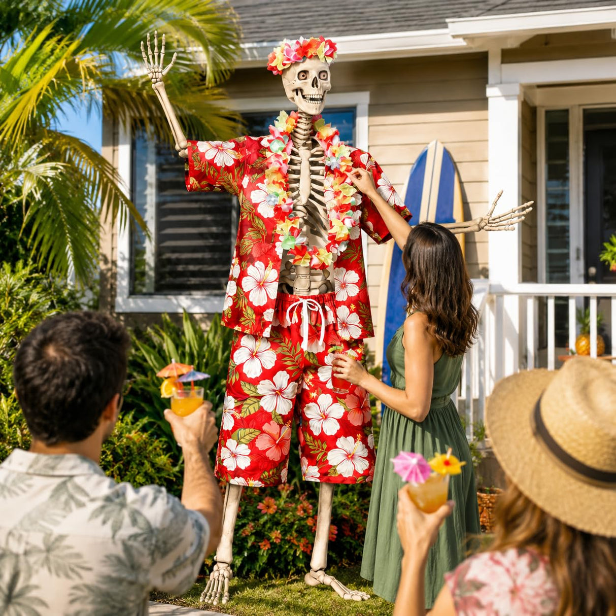 4 Pcs 12 Ft Skeleton Hawaiian Outfit Set Tropical Shirt Shorts Lei Headband