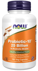 NOW Foods, Probiotic-10™, 25 Billion, with 10 Probiotic Strains, Dairy, Soy and Gluten Free, Strain Verified, 180 Veg Capsules