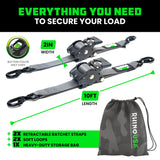Rhino USA Retractable Ratchet Straps (2-Pack) - 2 Inch x 10 Feet (3,033lb Break Strength) - Heavy Duty Auto Self Retracting Tie Down Straps for Truck, Cargo Trailer, Motorcycle, Rad & More - Gray