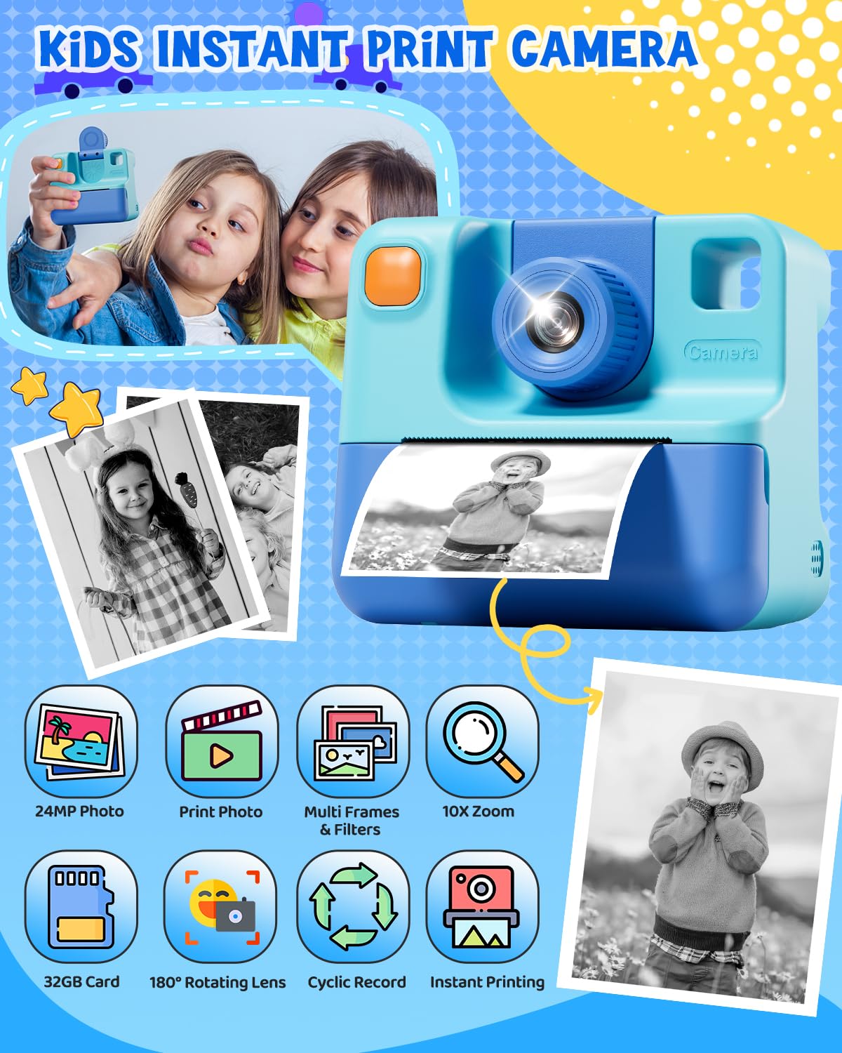 Kids Camera Instant Print, LETSHAHA Christmas Birthday Gifts for Toddler Girls Boys Age 3-12, 24MP & 1080P Selfie Digital Camera with 3 Roll No-Ink Print Paper 32GB SD Card - Blue