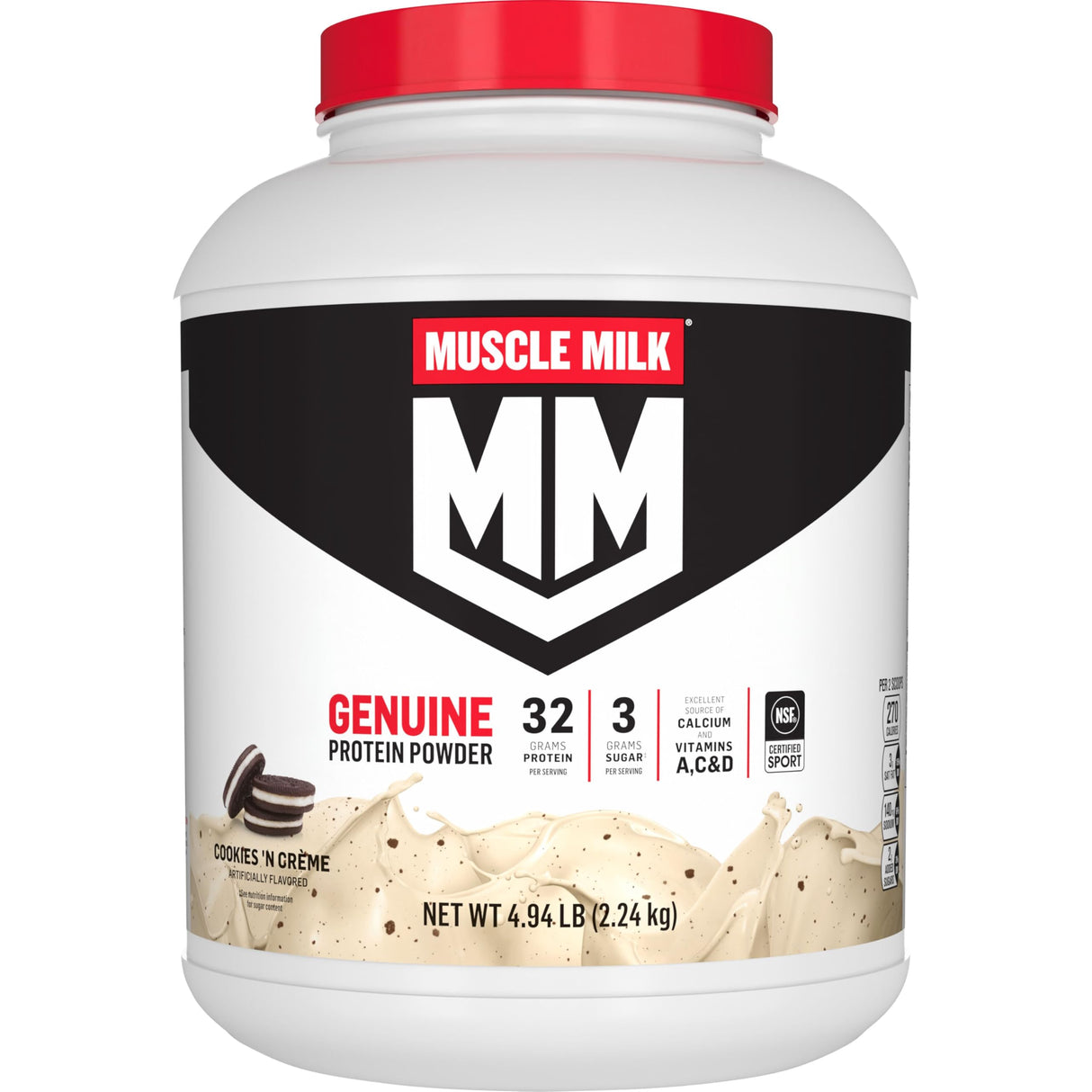 Muscle Milk Genuine Protein Powder, Cookies 'n Crème, 4.94 Pound, 32 Servings, 32g Protein, 2g Sugar, Calcium, Vitamins A, C & D, NSF Certified for Sport, Energizing Snack, Packaging May Vary