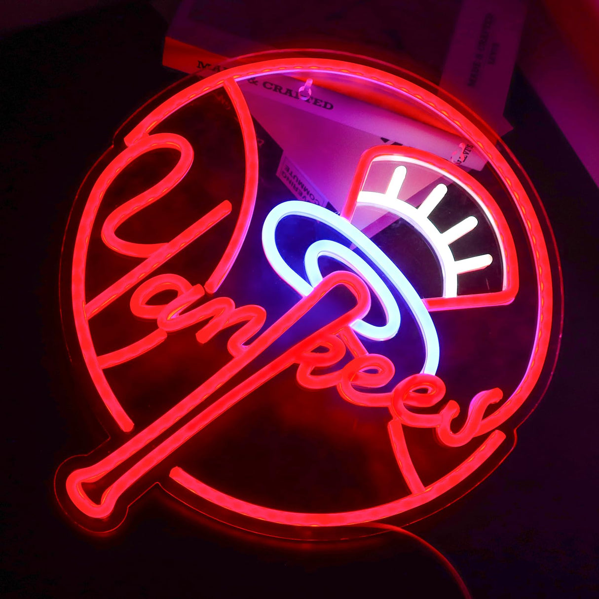 AHlove YANKEES Neon Signs for Wall Decor，Baseball Team Neon Lights for Bedroom，LED Signs Suitable for Man Cave，5V Power Adapter，Birthday、Christmas Gifts for Boys 13 * 15Inch(red+blue+white)
