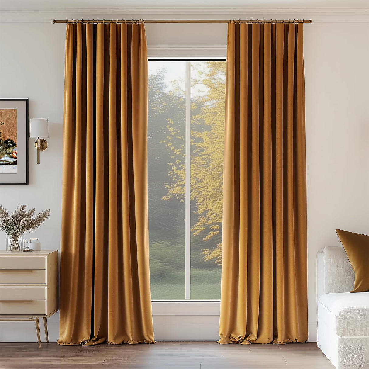Topfinel Velvet Blackout Curtains Gold Brown Room Darkening Soundproof Insulated Curtains 84 Inch Long, Mordern Luxury Drapes for Living Room, Thick Back Tab Rod Pocket 2 Panels Christmas Winter Decor