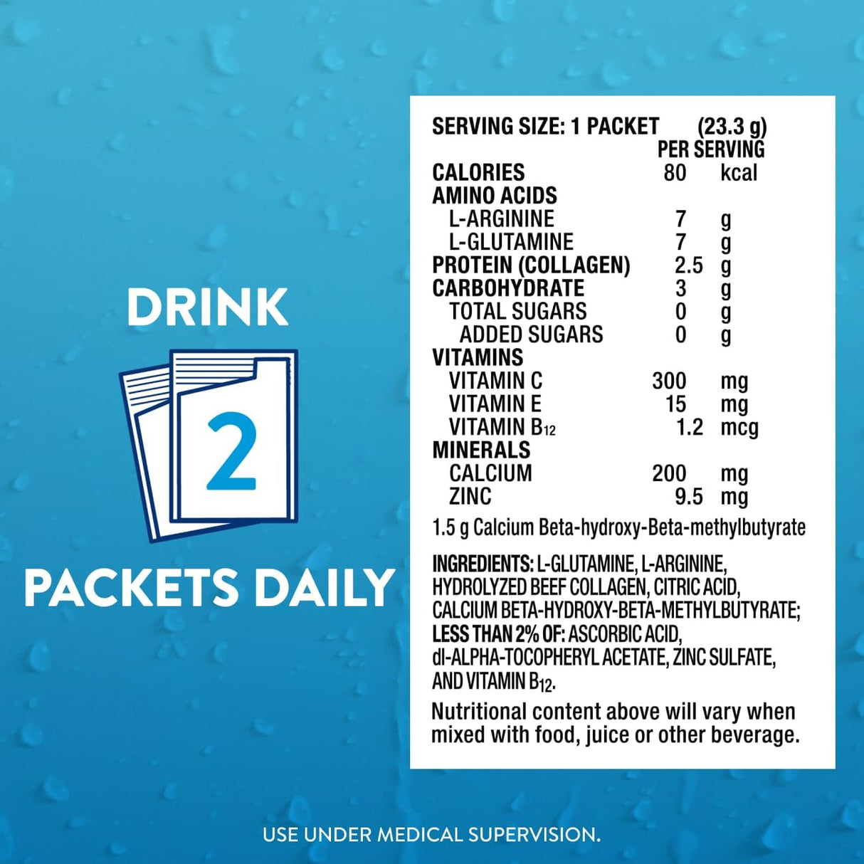 Juven Therapeutic Nutrition Drink Powder Including Collagen Peptides, Amino Acids, and HMB For Wound Healing Support, Unflavored, 30 Packets