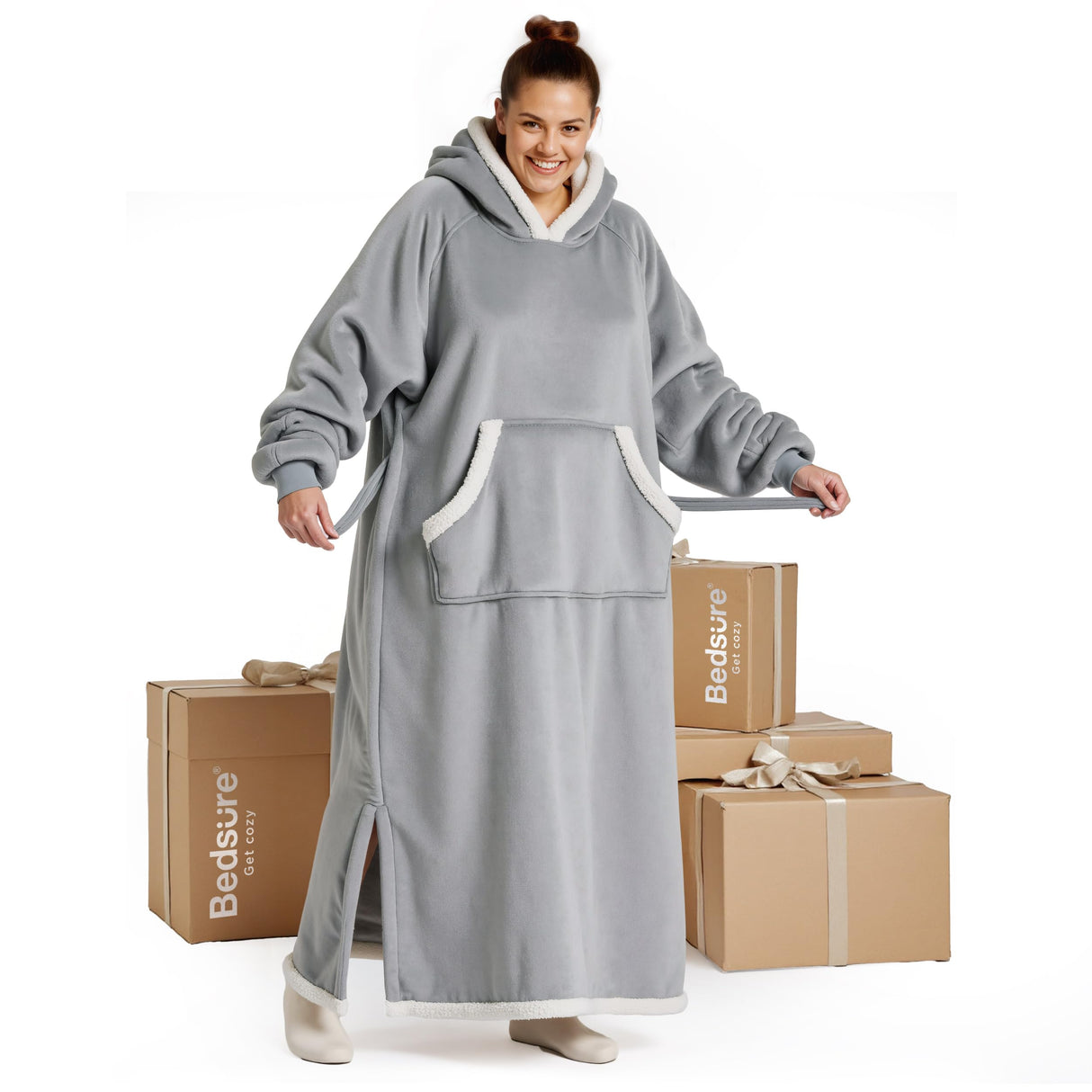 Bedsure Wearable Blanket Hoodie, Long Hooded Blanket Sweatshirt as Christmas Birthday Gifts for Women, Cozy Sherpa Hoodie for Adult, Standard, Grey