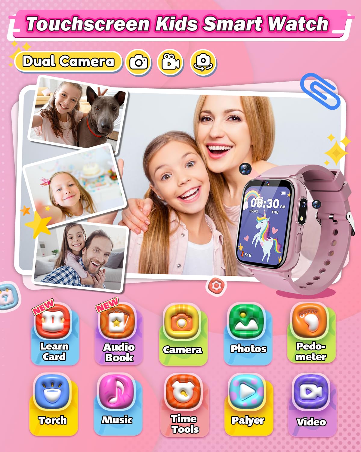 Sueseip Kids Smart Watches Girls Toys Age 6-8, HD Touchscreen Dual Cameras Kids Watch for Girl Ages 8-10, Kid Toy with 35 Games MP3 Learn Card for 5 6 7 8 9 Year Old Girl Christmas Birthday Gifts