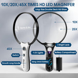 Large Magnifying Glass with Light, Magnifier 10X 20X 45X Handheld Illuminated Lighted Magnifier with 3 LED Lights 1UV Light Storage Bag Clean Cloth for Seniors Reading Inspection (Black)