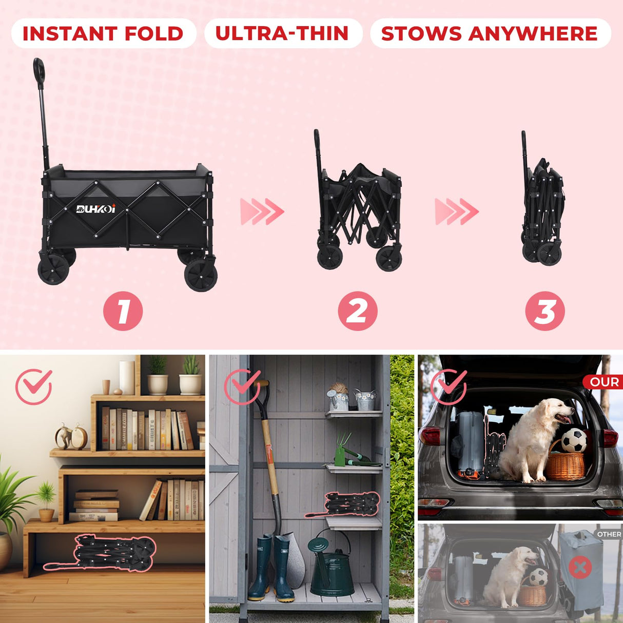 DUHKOI Collapsible Wagon Cart with Wheels Foldable,11 Lbs Lightweight Portable Folding Utility Wagon,90 L Heavy Duty Grocery Shopping Carts,Versatile for Garden Sports Camping Outdoor Use (Black Gray)
