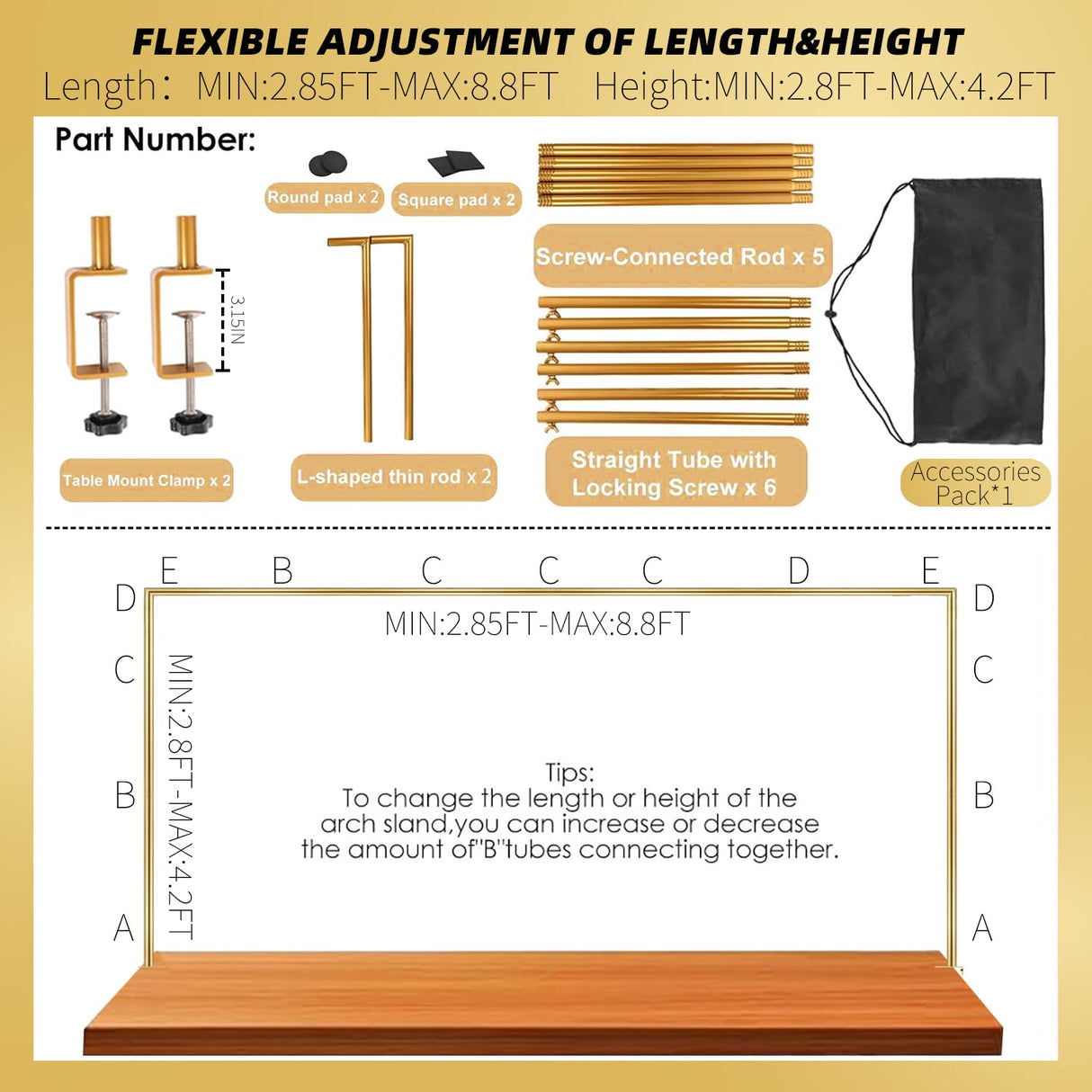 Purdge Over the Table Rod Stand with Clamps, Adjustable Gold Table Arch