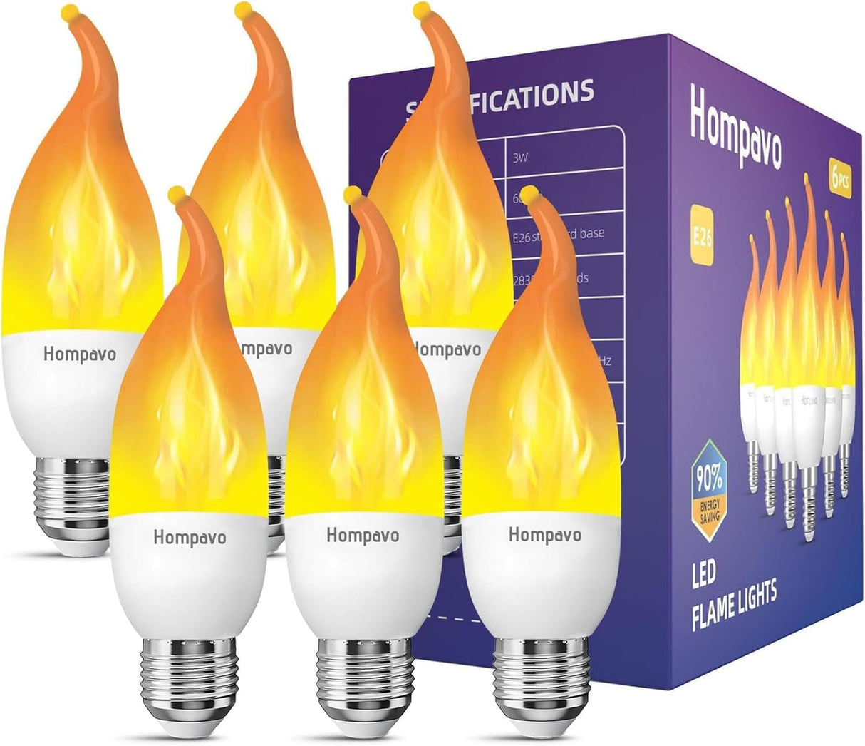 Hompavo LED Flame Light Bulbs E26 Base, Upgraded 3 Modes Flickering Candle Bulbs for Halloween Christmas Party Porch Indoor & Outdoor Decoration – 6 Pack